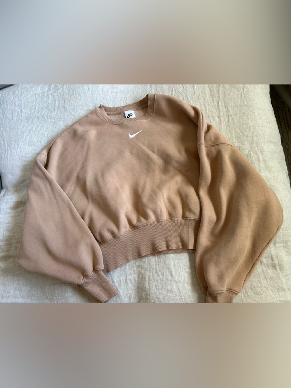Nike Tan Cropped Crewneck Sweatshirt with White Swoosh